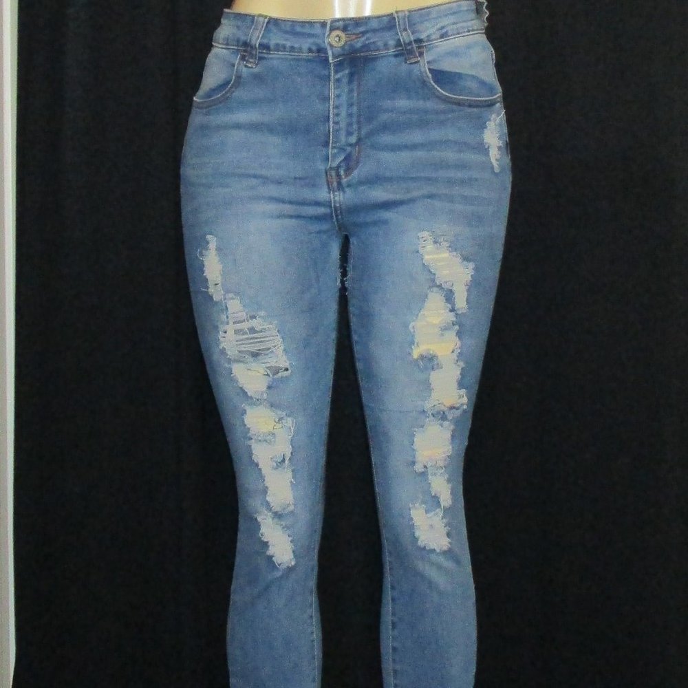 Gogo Jeans Distressed High Waisted Blue Skinny Leggings Size 13/31  Final Price